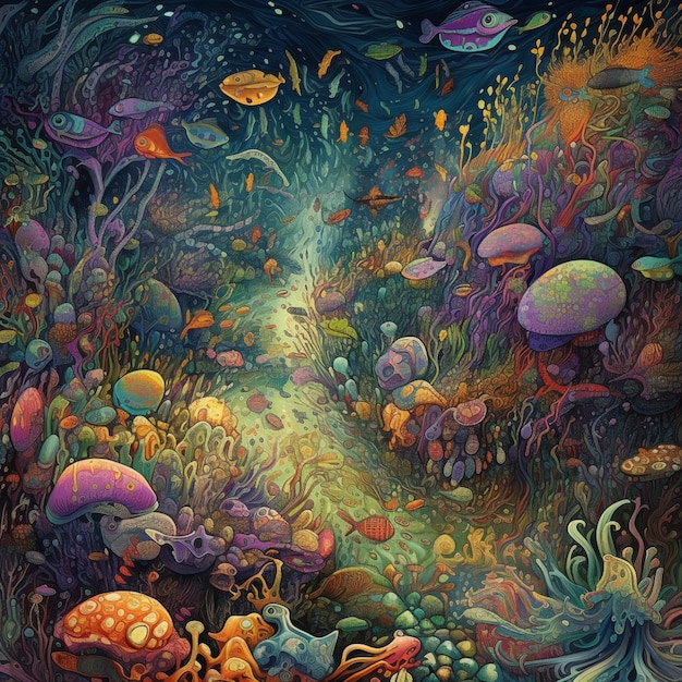 A painting of a sea of mushrooms and a fish