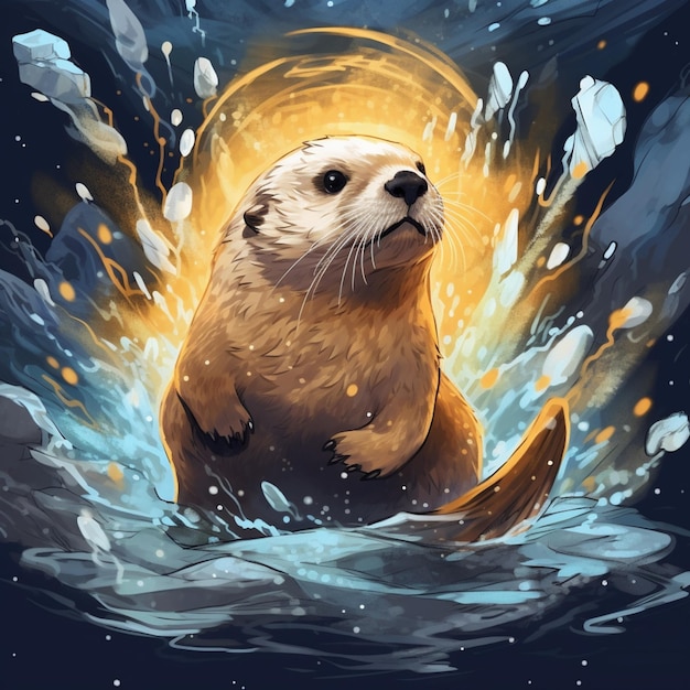 painting of a sea otter in the water with a sun in the background generative ai