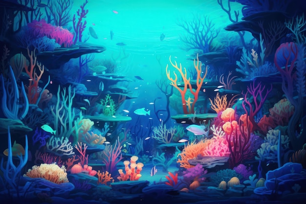 A painting of a sea scene with fish and corals.