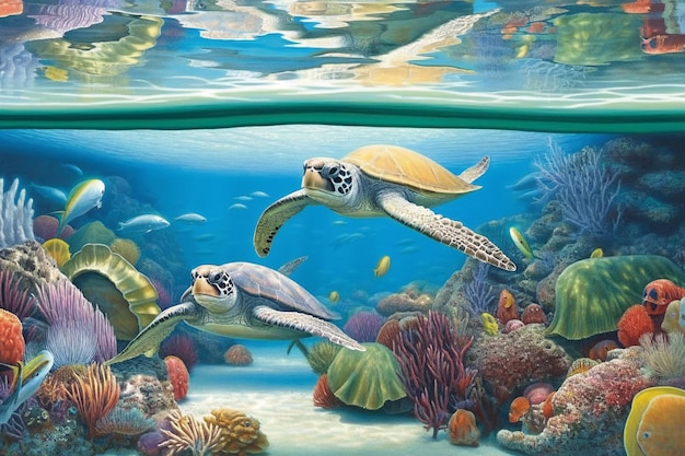 A painting of a sea turtle swimming under water.