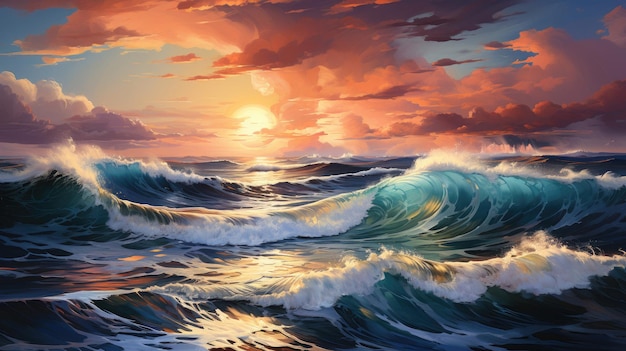 a painting of the sea and waves with clouds over red Generative Ai