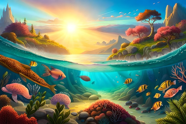 A painting of a sea with fish and a sunset