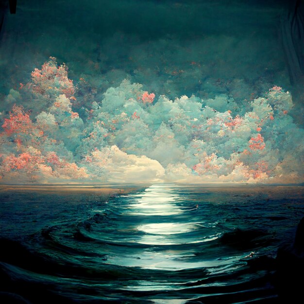 A painting of a sea with a sky and clouds