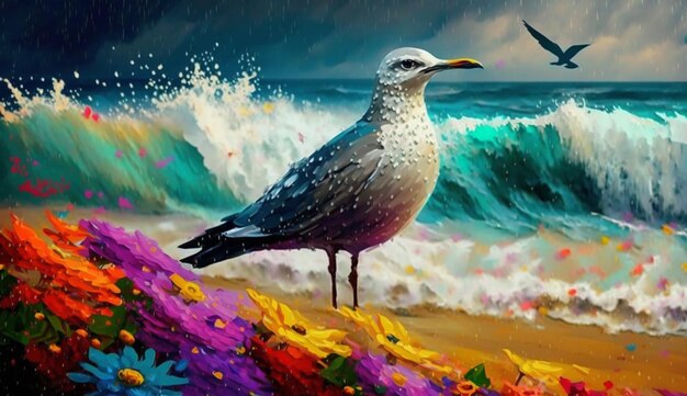 A painting of a seagull on a beach with flowers.