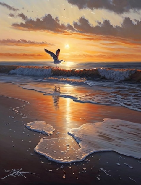 A painting of a seagull flying over the ocean at sunset.