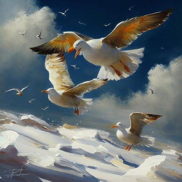 A painting of seagulls flying over the sea