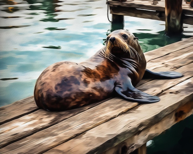 Photo a painting of a seal on a dock