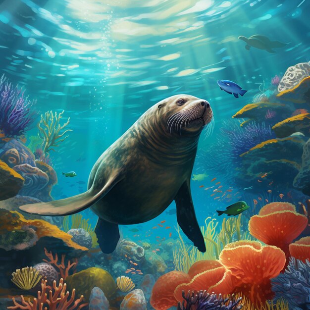 Painting of a seal swimming in a sea with corals and fish generative ai