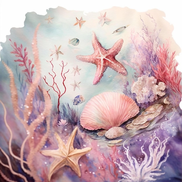 painting of a seashell and starfish in a seabed with coral generative ai