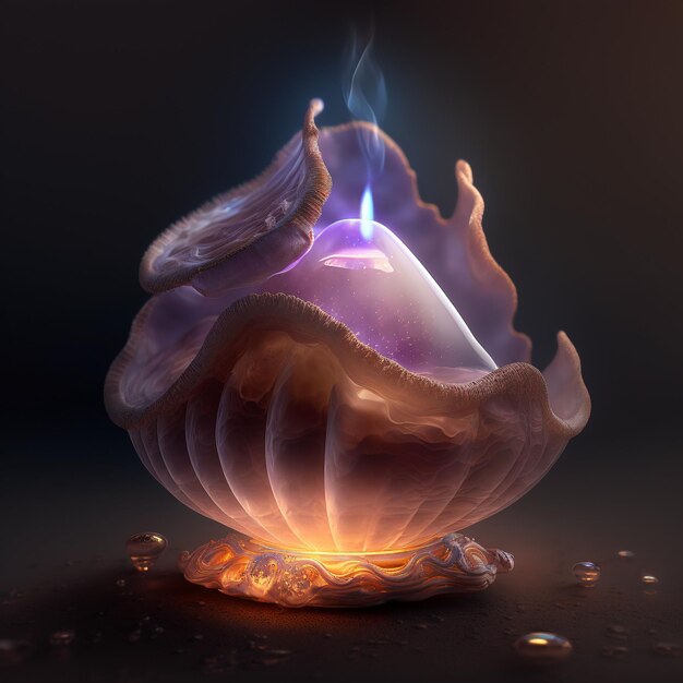 A painting of a seashell with a blue eye and a flame on the top.