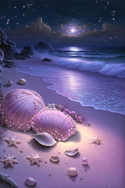 Painting of seashells on a beach at night generative ai