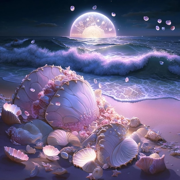 A painting of seashells on a beach with the moon in the background.