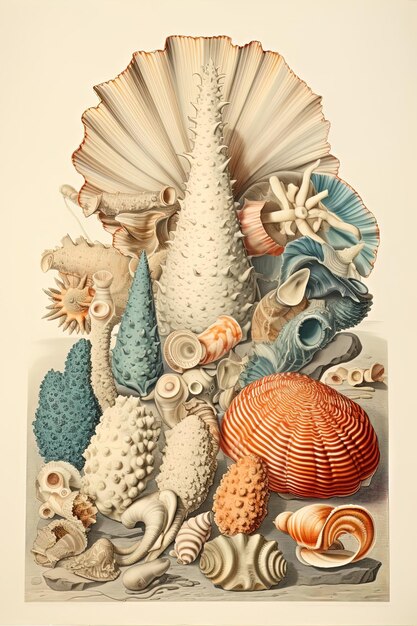 Photo a painting of a seashells and seashells