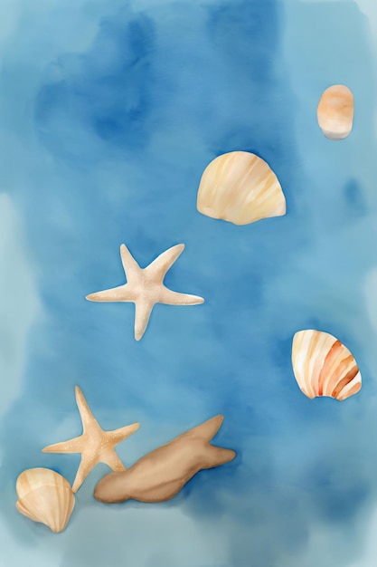 A Painting Of Seashells And Starfish On A Blue Background