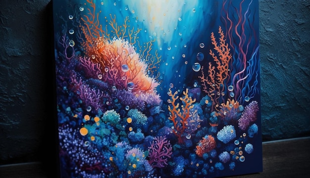 A painting of a seaweed and bubbles.