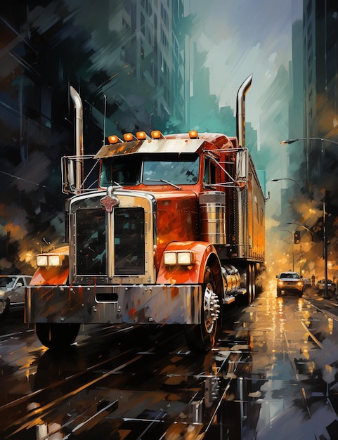 painting of a semi truck driving down a city street at night generative ai