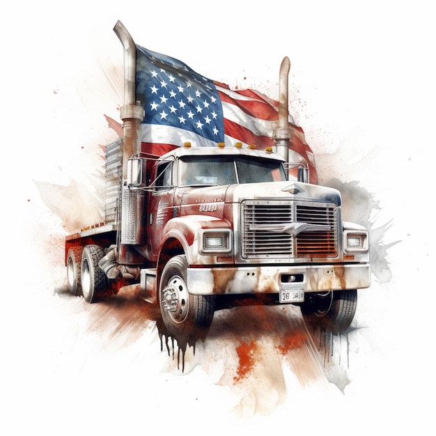 Painting of a semi truck with a flag on the back generative ai