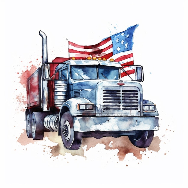 Painting of a semi truck with a flag on the front generative ai