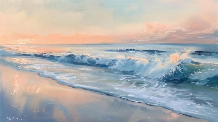 Photo painting of a serene beach scene with soft waves gently lapping at the shore in pastel colors