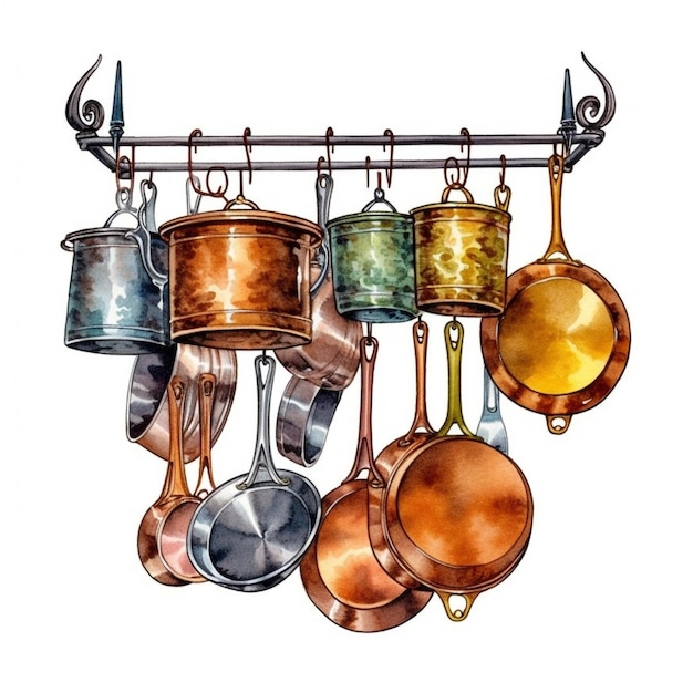 A painting of a set of cooking pans