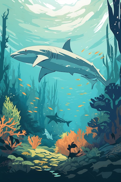 a painting of shark and coral reef with a diver in the background