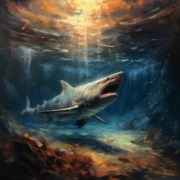 painting of a shark in the ocean with a sun shining through the water generative ai