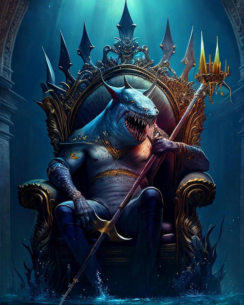 A painting of a shark sitting on a throne