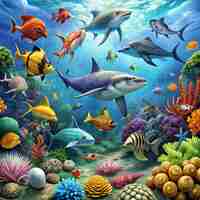 Photo a painting of a shark and some tropical fish