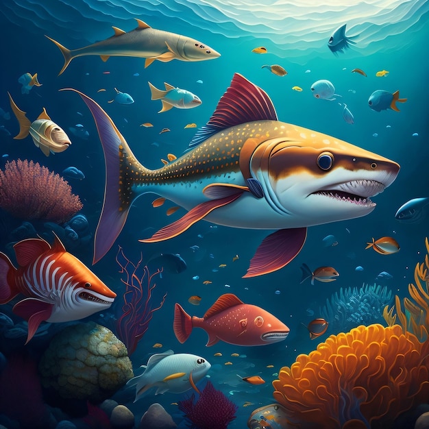 A painting of a shark with a fish on it