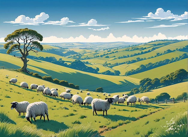 картина овец, пасущихся на зеленом поле