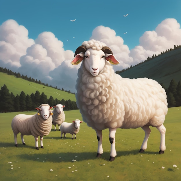 a painting of sheep and lambs in a field with a sky background.