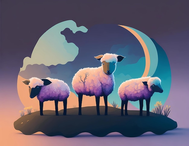 A painting of sheep in the meadow and the moon in the background