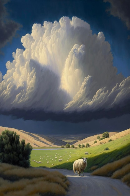 Painting of sheep walking down a dirt road generative ai