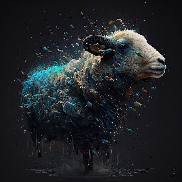 A painting of a sheep with a blue head and horns.