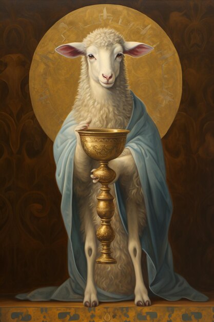 Photo painting of a sheep with a blue robe holding a golden cup generative ai