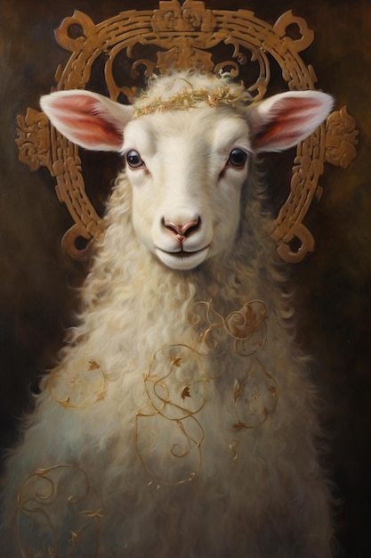 painting of a sheep with a crown on its head generative ai