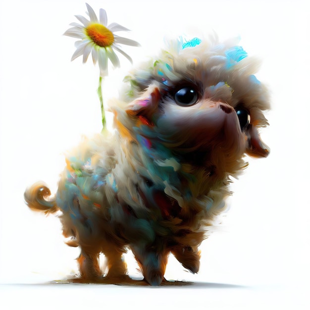 A painting of a sheep with a daisy on its back