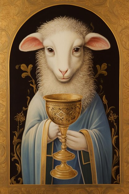 painting of a sheep with a golden cup in its hand generative ai