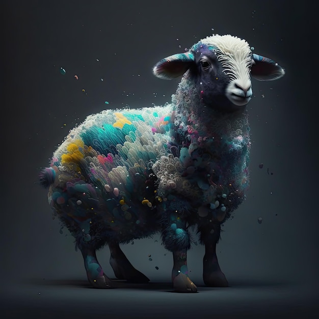 A painting of a sheep with multicolored paint on it.