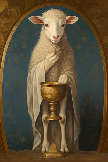 painting of a sheep with a white coat and a gold cup generative ai