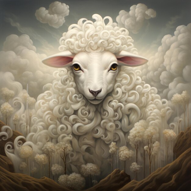 Photo painting of a sheep with a white coat and a pink ear generative ai