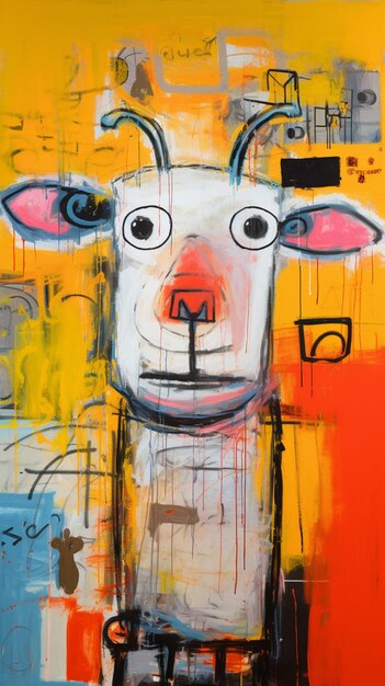 Painting of a sheep with a yellow background and a red nose generative ai