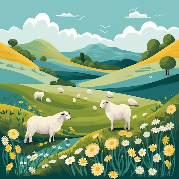 a painting of sheeps in a field with a mountain background