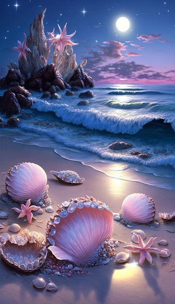 a painting of shells on the beach.