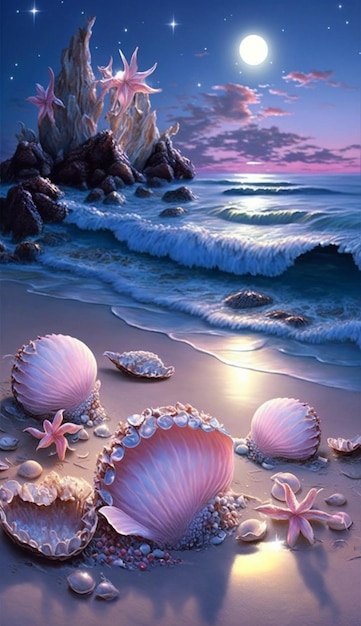 A painting of shells on the beach.