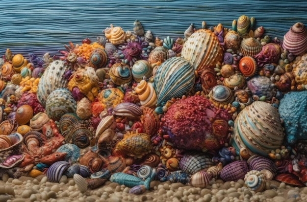 A painting of shells and a fish on a beach