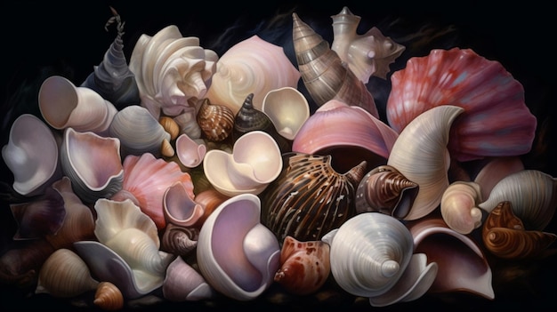 A painting of shells and shells on a black background.