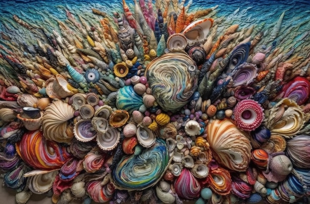 A painting of shells and shells is shown.