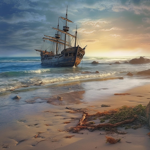 A painting of a ship on the beach