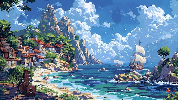 a painting of a ship on the coast